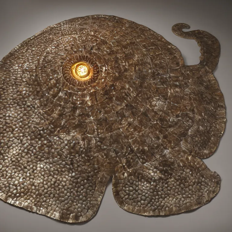 Prompt: hyperrealistic sculpture of a bronze fossilized stingray ammonite atop a gridded red metallic block pedestal by ron mueck and duane hanson and lee bontecou, hyperrealistic dramatic colored lighting trending on artstation 8 k