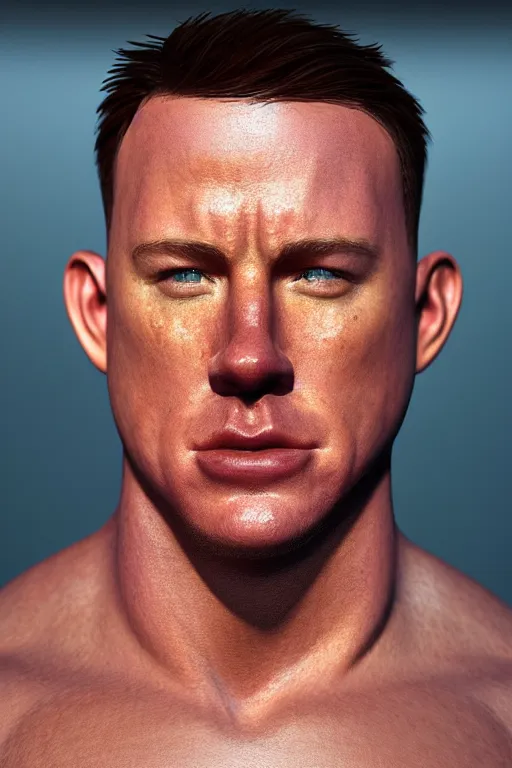 Image similar to a head shot of channing tatum as half human and a tater tot on a plate, tater tot face, ef 8 5 mm f 1. 8 usm, bionic scifi alexandre ferra, hyper detailed, digital art, trending in artstation, cinematic lighting, studio quality, smooth render, unreal engine 5 rendered, octane rendered