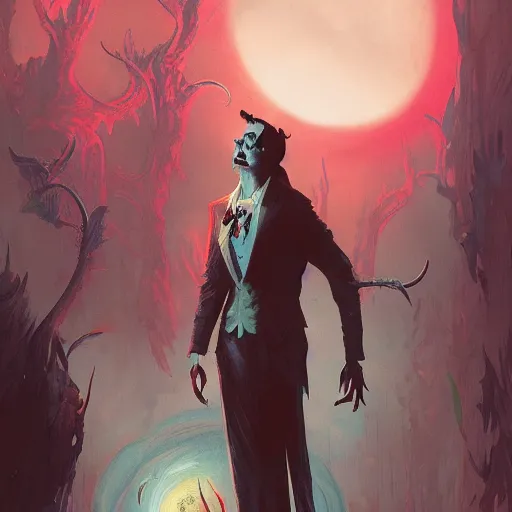 Prompt: Vampire traveling through a beautiful psychedelic world, horror, illustrated by Greg Rutkowski and dr seuss, masterpiece, vibrant colors, trending on artstation