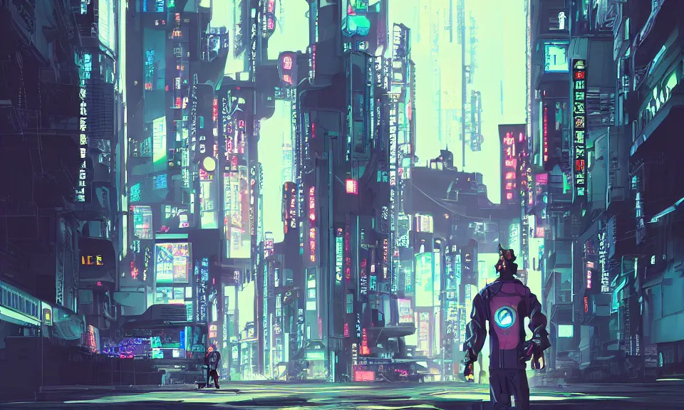 Prompt: a cyberpunk judge stands on the corner of a neo-tokyo street, digital art in the style of sparth