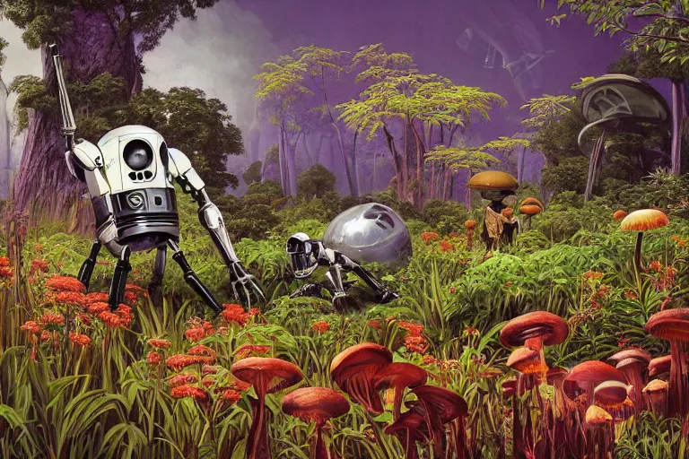 Prompt: surreal painting by syd mead and chesley bonestelll!!, a lot of jungle wild flowers + poison toxic mushrooms + long grass + broken droid + garden dwarf + mystic fog, 5 0's vintage sci - fi style, rule of third!!!!, line art, 8 k, super detailed, high quality