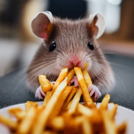 Prompt: detailed photo of a hamster eating fries, fancy restaurant, various poses, full body, unedited, soft light, dof 8 k