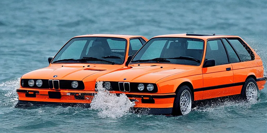 Prompt: orange bmw e30 m3 driving off a cliff into the ocean