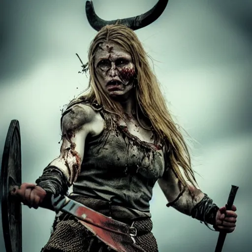 Prompt: Ultrawide realistic photo of a bloody fierce viking woman, leading a battle, battle-scarred mind-blowing details, highly detailed face, ethereal, ominous, scarred, highly detailed, viking attire, cinematic, 16k, 1080s, smooth, sharp focus, by Stanley Artgermm, WLOP, trending on DeviantArt, trending on ArtStation, full of color, digital art, Vibrant colors, Smooth gradients, High contrast, depth of field, shot on Canon Camera