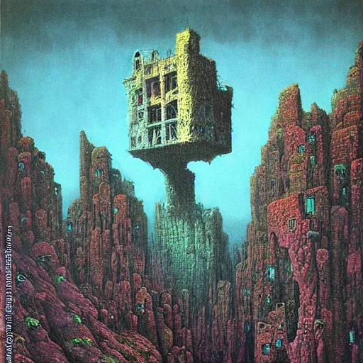 Prompt: creepy mansion hanging off a cliff, vibrant colors, painting by Beksinski