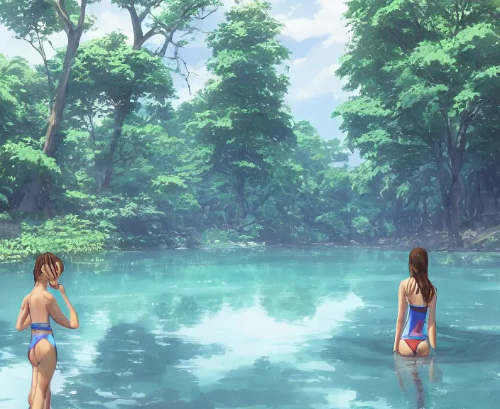 Prompt: a girl wearing a blue bathing suit wading in the river, trees bent over the river, shady, ripples, facing the camera, inviting, atmospheric lighting. By Makoto Shinkai, Stanley Artgerm Lau, WLOP, Rossdraws, James Jean, Andrei Riabovitchev, Marc Simonetti, krenz cushart, Sakimichan, trending on ArtStation, digital art.