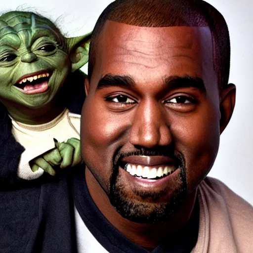 Image similar to kanye west smiling and holding holding yoda for a 1 9 9 0 s sitcom tv show, studio photograph, portrait c 1 2. 0