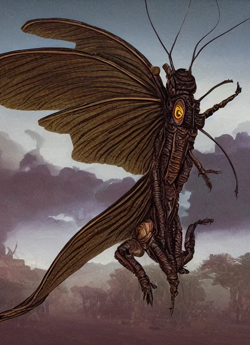 Image similar to giant manfly with long proboscis and wings, against dark background, fluid, smooth, organic, crazy, high contrast, sharpness, dramatic, by greg rutkowski and siudmak and richard corben and moebius