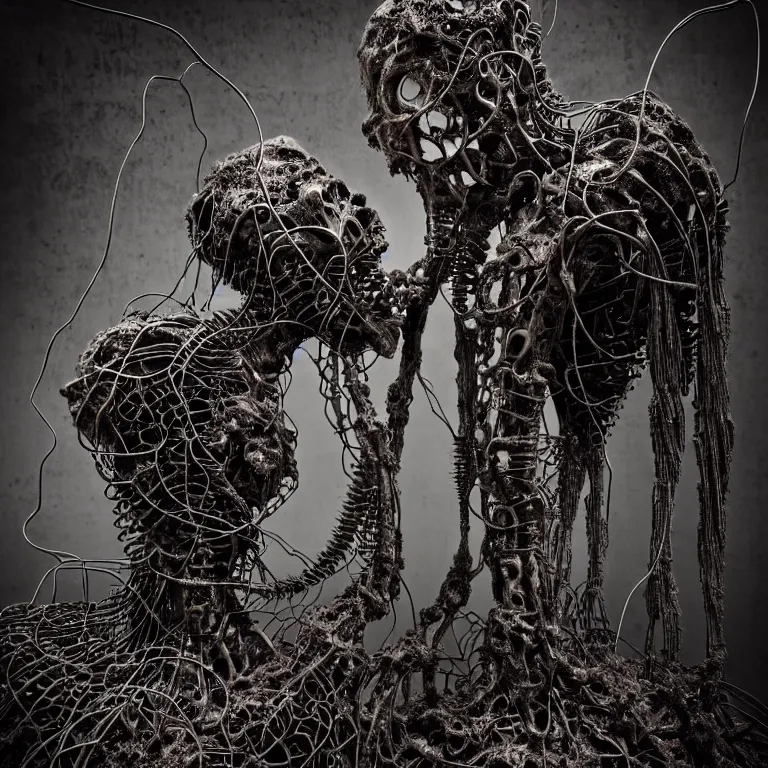 Prompt: portrait of abandoned ribbed organic biomechanical sculpture of two kissing cyborgs, covered with wires, spines, roots, ash, mold, meat, baroque painting, standing in a desolate empty wasteland, creepy, nightmare, dream-like heavy atmosphere, dark fog, surreal abandoned buildings, baroque painting, beautiful detailed intricate insanely detailed octane render trending on Artstation, 8K artistic photography, photorealistic, volumetric cinematic light, chiaroscuro, zoomed out, fisheye, Raphael, Caravaggio, Beksinski, Giger BW