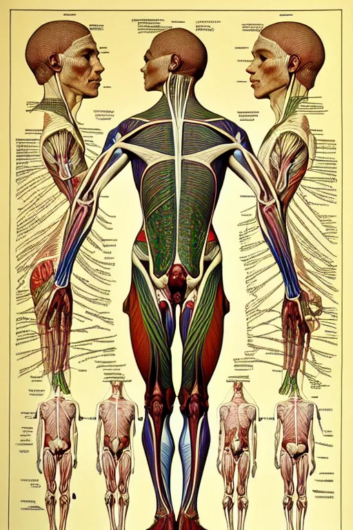 Image similar to extremely psychedelic anatomically accurate diagram of the full human muscular system, full body, intricate parts, fine details, hyper realistic, elegant minimalism, by seichen, alphonse mucha, surreal