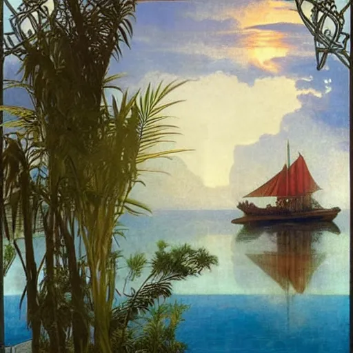 Image similar to Floating palace, moon reflecting on the water, thunderstorm, greek pool, beach and Tropical vegetation on the background major arcana sky, by paul delaroche, alphonse mucha and arnold böcklin, hyperrealistic 8k, award-winning, very very very detailed