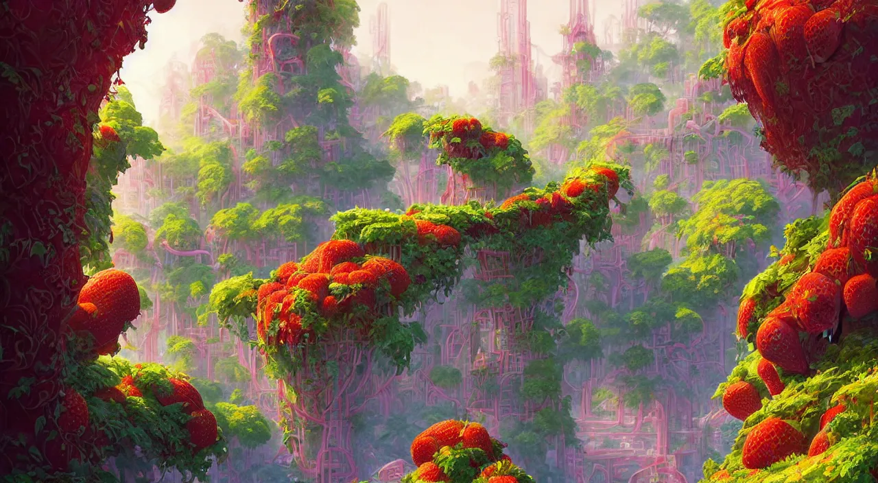 Image similar to Strawberry bushes fall time futuristic temple of olympus glory sci-fi city of Atlantis hill valley grec greeble wood bridge painting of tower ivy plant in marble , behance hd by Jesper Ejsing, by RHADS, Makoto Shinkai and Lois van baarle, ilya kuvshinov, rossdraws global illumination