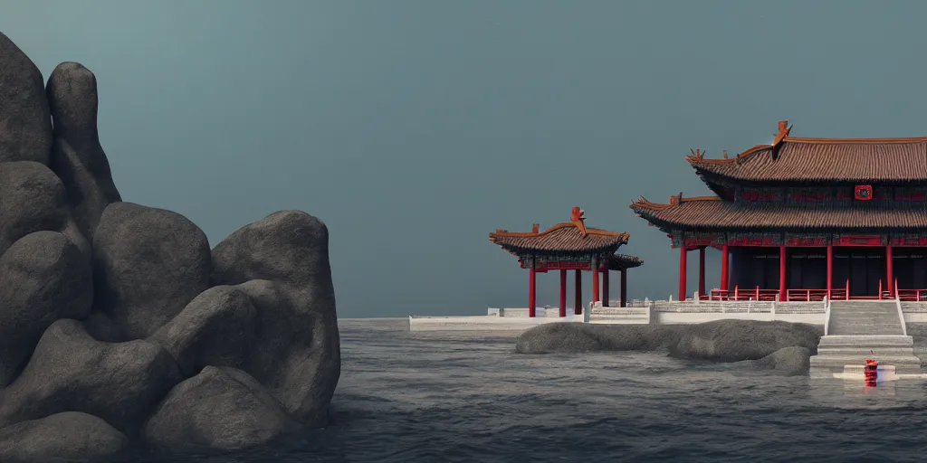 Image similar to a ancient chinese style building located on a lonely huge fantastic dark rock in the sea. lotus blooming. morning. medium shot. octane render. 8 k. cinematic.