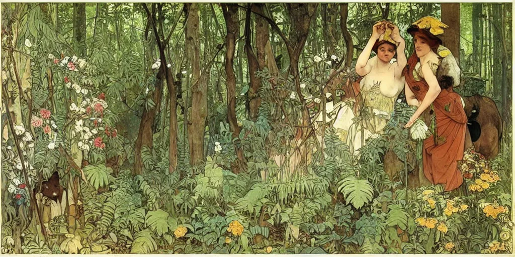 Image similar to a beautiful painting of wild animals in the woods with vines and ferns and flowers, painted by carl larsson and alphonse mucha