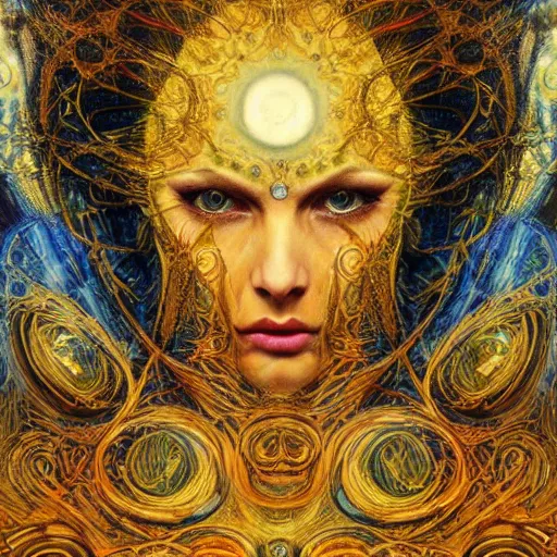 Image similar to Divine Chaos Engine by Karol Bak, Jean Deville, Gustav Klimt, and Vincent Van Gogh, beautiful visionary mystical portrait, sacred, otherworldly, fractal structures, Surreality, ornate gilded medieval icon, third eye, spirals, horizontal symmetry