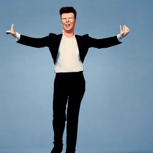 Image similar to rick astley's dance is shown on every screen in the world