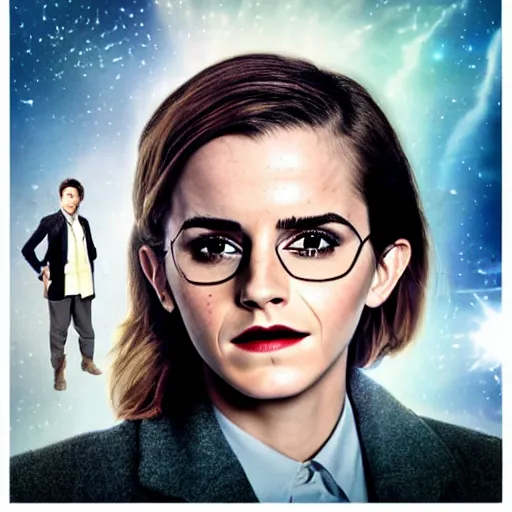 Prompt: Emma Watson as The Doctor's newest companion. Ricky Berwick as The Doctor. Promotional Poster.