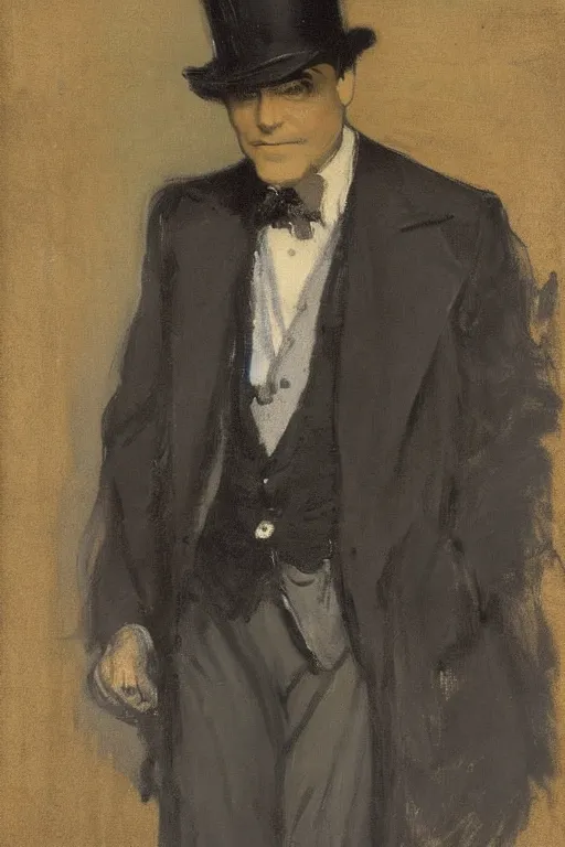 Image similar to portrait of george clooney as a gentleman wearing an edwardian suit and top hat by walter sickert, john singer sargent, and william open