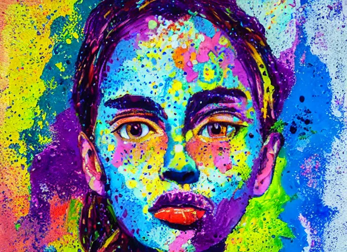 Image similar to intricate face with dots of paint melting in to a colorful painting made of gouache impasto