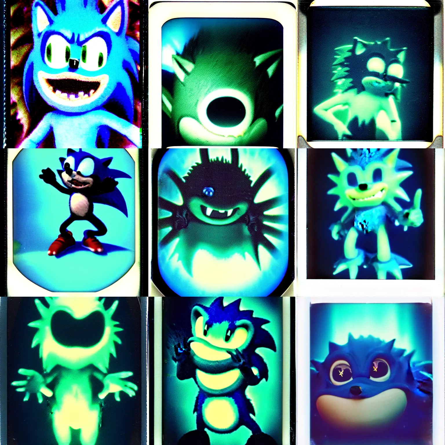 Image similar to cross section polaroid instax polaroid film still of a sonic the hedgehog blue swamp creature with fangs and claws, dark forest, faded glow, anamorphic lens flare, creepypasta