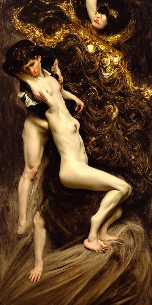 Image similar to highly detailed oil painting | very intricate | cinematic lighting | black, white and gold color scheme, dark background | the mist of the mistic by beethoven | by roberto ferri, by gustav moreau, by singer sargent and klimt, american romanticism, occult art | by austin osman spare, artstation, cgsociety, official art, octane