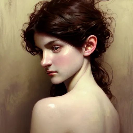 Image similar to portrait of a welsh girl with brown hair, glowing skin, delicate features, teenage amelie poulain, fantasy, intricate, elegant, dress shirt, highly detailed, digital painting, artstation, concept art, smooth, sharp focus, illustration, art by Krenz Cushart and Artem Demura and alphonse mucha