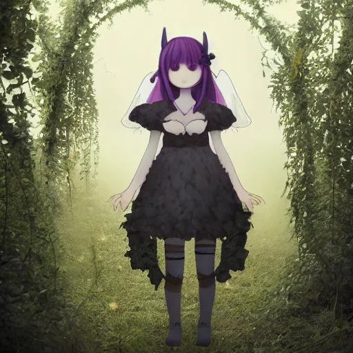 Image similar to cute fumo plush girl among vines in the middle of a foggy dark cursed rose garden under a blue sky, beautiful glowing ethereal gothic magical wraith fairy girl with dark eyes, horns, sheep girl, anime, tattered dress, bokeh, vray