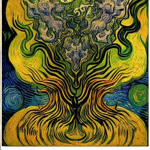 Image similar to divine chaos engine by vincent van gogh and ernst haeckel, symbolist, visionary