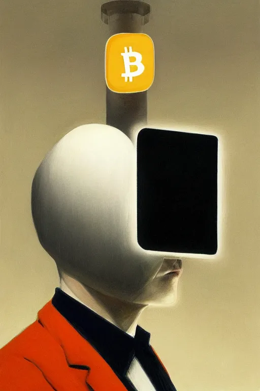 Image similar to Satoshi Nakamoto wearing oculus and bitcoin over his head Edward Hopper and James Gilleard, Zdzislaw Beksisnski, highly detailed