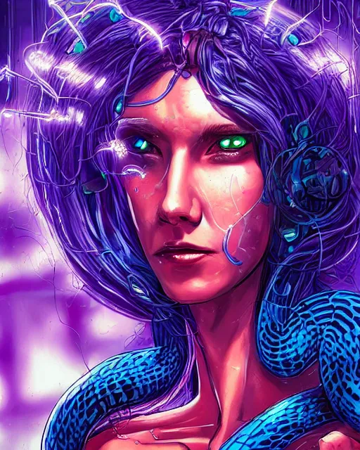 Image similar to a cyberpunk close up portrait of cyborg medusa, electricity, snakes in hair, sparks, bokeh, soft focus, purple, blue, sunny sky, by paul lehr, jesper ejsing