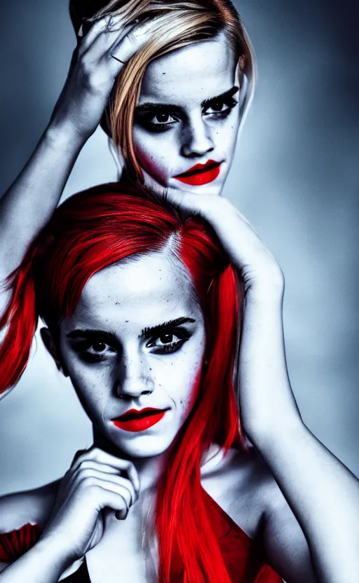 Image similar to Emma Watson as Harley Quinn, glowing, dramatic, cinematic, Sony a7R IV, symmetric balance, polarizing filter, Photolab, Lightroom, 4K, Dolby Vision, Photography Award