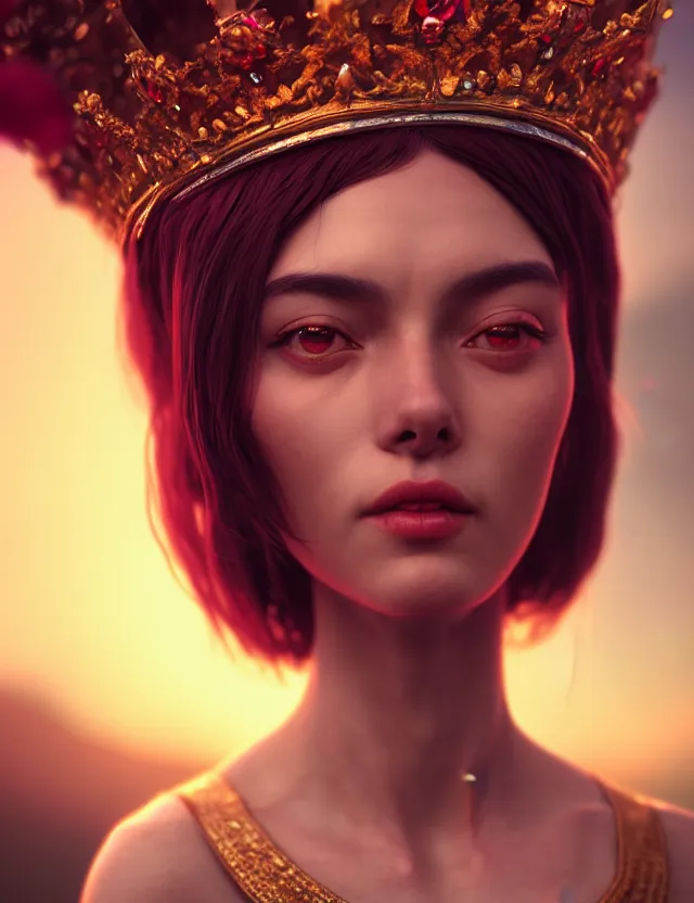 Prompt: blurred background. close-up portrait of a goddess in crown, by Ruby Kurosawaand Afarin Sajedi and Alena Aenami. octane render. 4k, hyperrealistic, focused, extreme details,unreal engine 5, cinematic