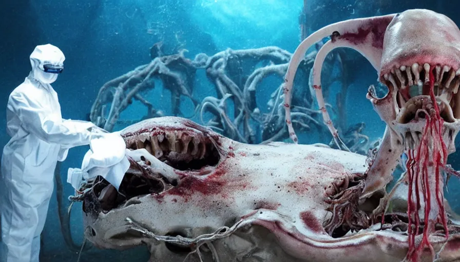 Prompt: Big budget horror movie set in an undersea biolab about a cyborg doing an autopsy on a giant squid's skull