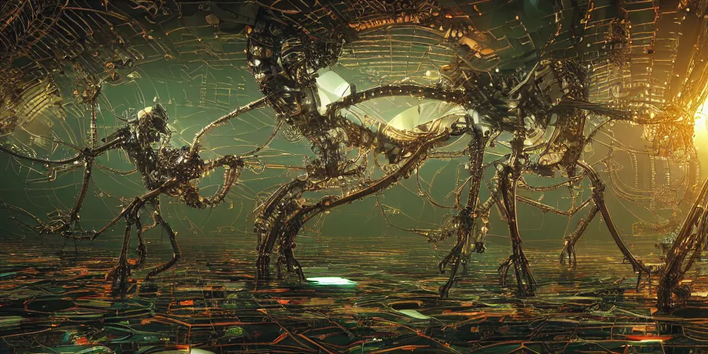 Image similar to photoreal hyper detailed epic story dramatic scene mechanical futuristic mantis robotic cyberpunk mainframe mind-blowing epic microcircuitry cybernetic fantastical beings dancing reflective logic circuits robot metallic outerworldly creatures, floating phytoplankton-diatom robot jellyfish, against a multidimensional multiverse background, bizarre hard electronic transparent hive mind, 8k octane render, unreal engine 5, extremely intricate high detail, 8K detail post processing, path based unbiased rendering, moody lighting rendered by octane engine