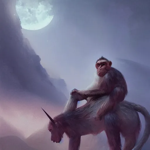 Prompt: monkey on a unicorn on the moon earth in background, intricate, sharp focus, illustration, highly detailed, digital painting, concept art, matte, art by ruan jia and wlop and greg rutkowski, masterpiece