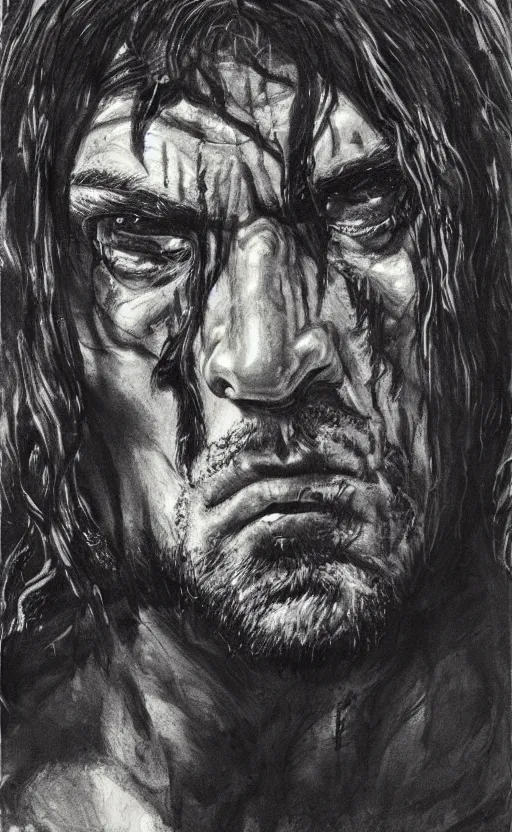 Image similar to oscar isaac as conan the barbarian, portrait, dark atmosphere, high fantasy, chiaroscuro, illustration, art by simon bisley