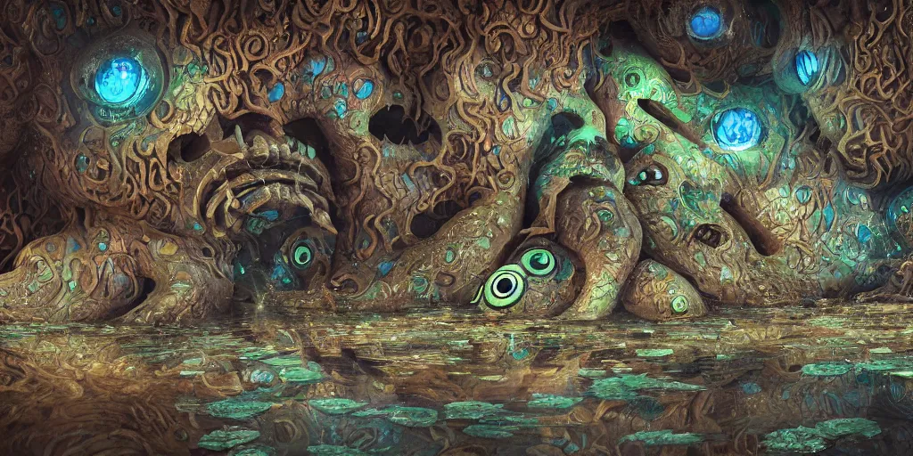 Image similar to of an intricate muddy water with strange cute friendly happy creatures with huge eyes, long tongue, round teeth and goofy funny face, appearing from the background, in the style of gehry and gaudi, macro lens, shallow depth of field, ultra detailed, digital painting, trending artstation, concept art, illustration, cinematic lighting, photorealism, epic, octane render