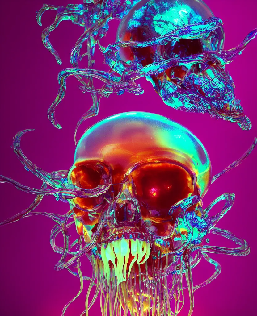 Prompt: close-up portrait of skull dichroic orchid jellyfish skull, betta fish, bioluminiscent creatures, intricate artwork by Tooth Wu and wlop and beeple. octane render, trending on artstation, greg rutkowski very coherent symmetrical artwork. cinematic, hyper realism, high detail, octane render, 8k