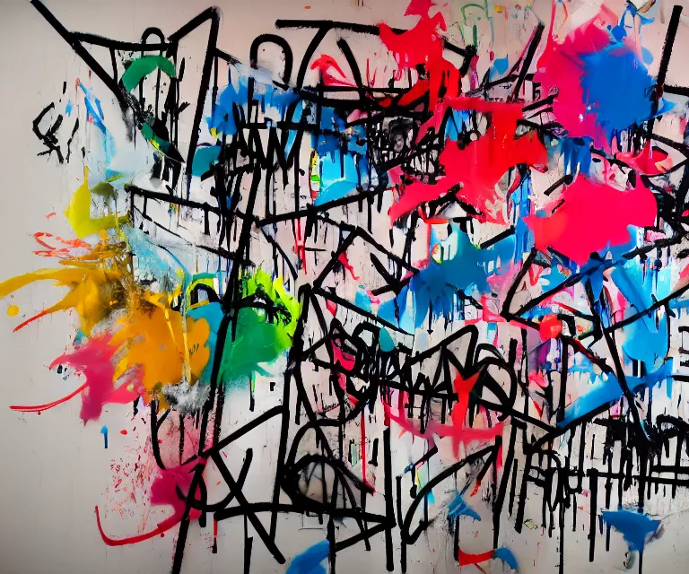 Image similar to acrylic and spraypaint, painting, paint drips, acrylic, graffiti throws, graffiti bubble letters, wildstyle, clear shapes, spraypaint, smeared flowers, origami crane drawings, oil pastel gestural lines, large triangular shapes, painting by ashley wood, basquiat, jeremy mann, masterpiece