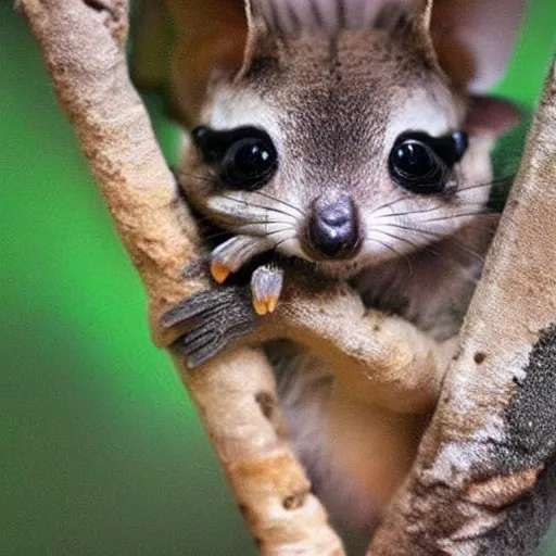 Image similar to Super cute animal combination of Sugar glider, Gecko, Sand cat, Bee hummingbird, Racoon dog, Pygmy hippopotamus , Leafy sea dragon, Elephant Shrew, Margay, Klipspringer, Fennec Fox, Tawny frogmouth, Tarsier, Quetzal and Star-nosed mole