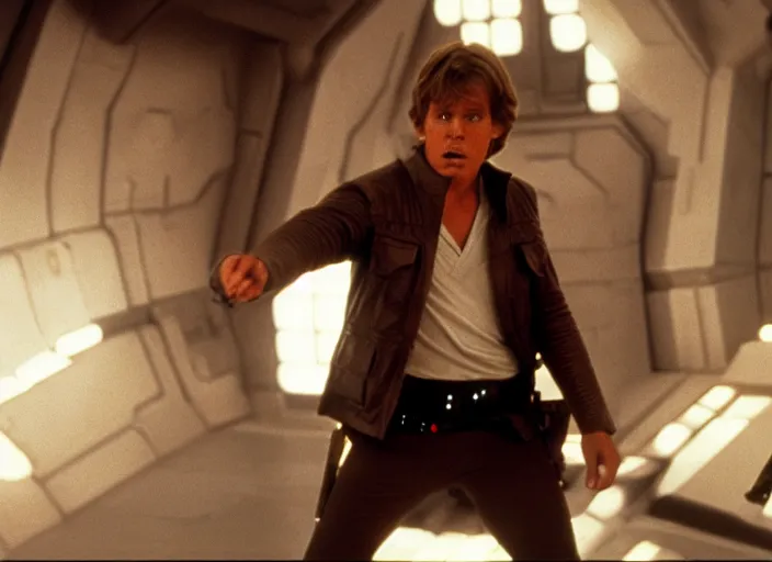 Prompt: epic screenshot portrait of Luke Skywalker arguing with Han Solo, marble temple, iconic scene from the force awakens, 1980s film directed by Stanley Kubrick, cinematic lighting, kodak, strange, hyper real, stunning moody cinematography, with anamorphic lenses, crisp, detailed portrait, 4k image