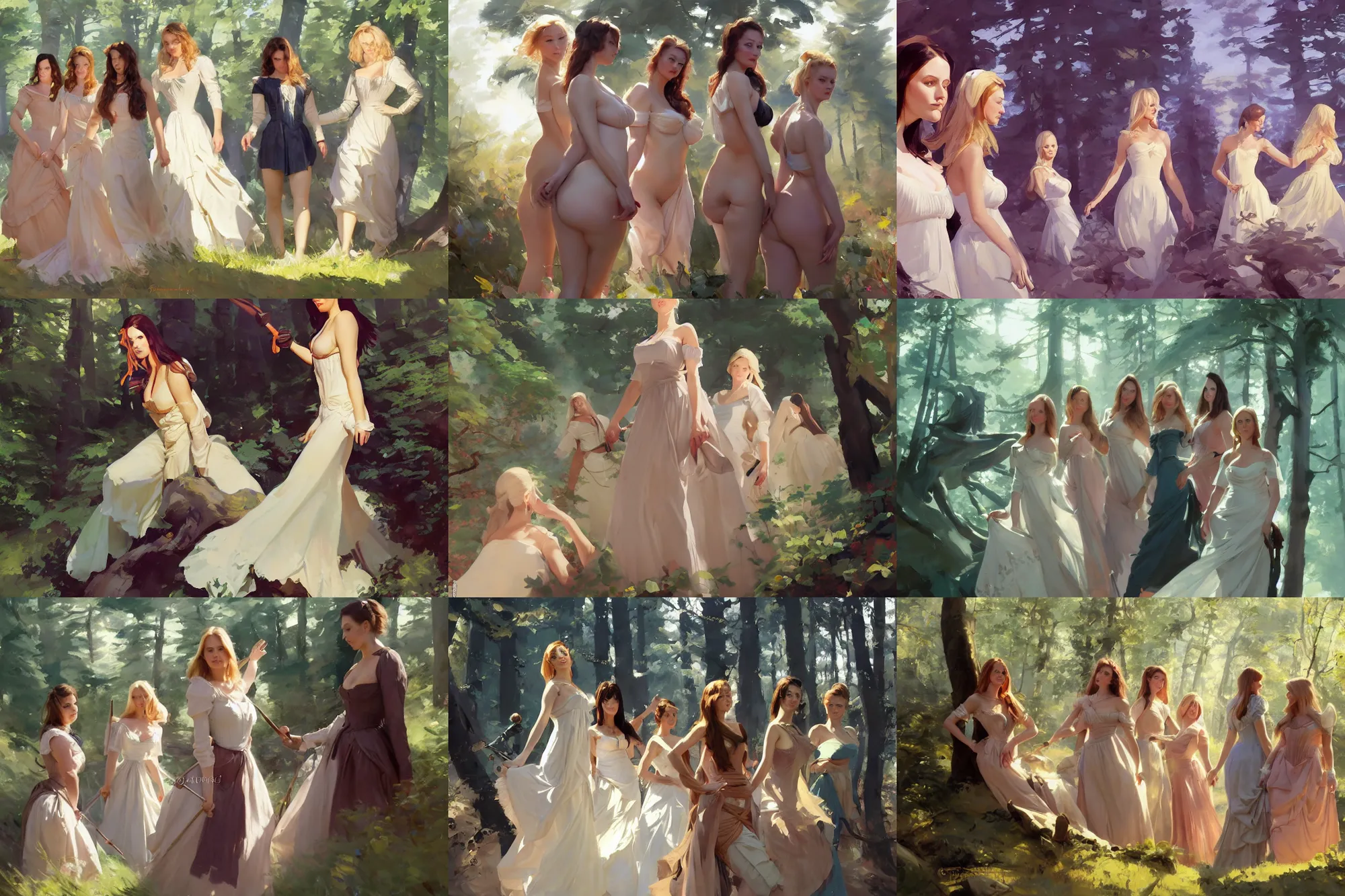 Prompt: five of beautiful finnish norwegian swedish scandinavian attractive glamour models wearing 1 7 th century bodice with low neckline walking in the woods in a sunny day, jodhpurs greg manchess painting by sargent and leyendecker, studio ghibli fantasy close - up shot asymmetrical intricate elegant matte painting illustration hearthstone, by greg rutkowski by greg tocchini by james gilleard