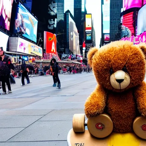 Image similar to a teddy bear on a skateboard in times square