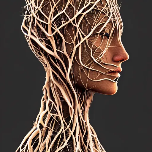 Image similar to digital art, Abstract art, portrait of humain female body made of roots, intricate roots, trending on artstation, -640