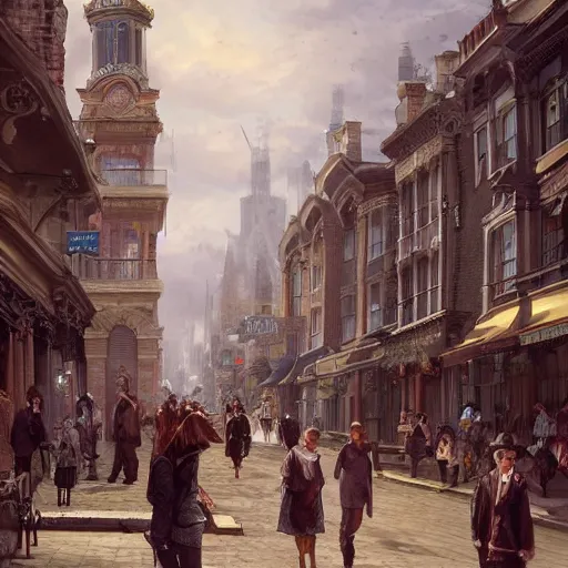 Image similar to street of victorian city, happy, a lot of people, realistic, 8 k, detailed, concept art, trending on artstation