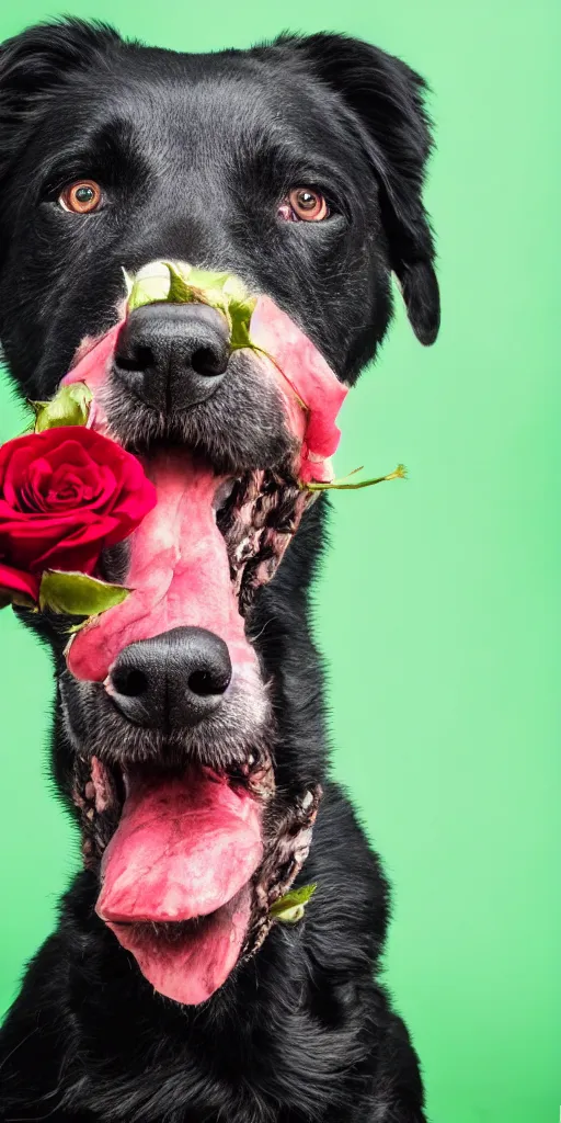 Image similar to black dog holding rose in his mouth, bright green eyes, studio lighting, 4 k, realistic, chromatic abberation, global illumination