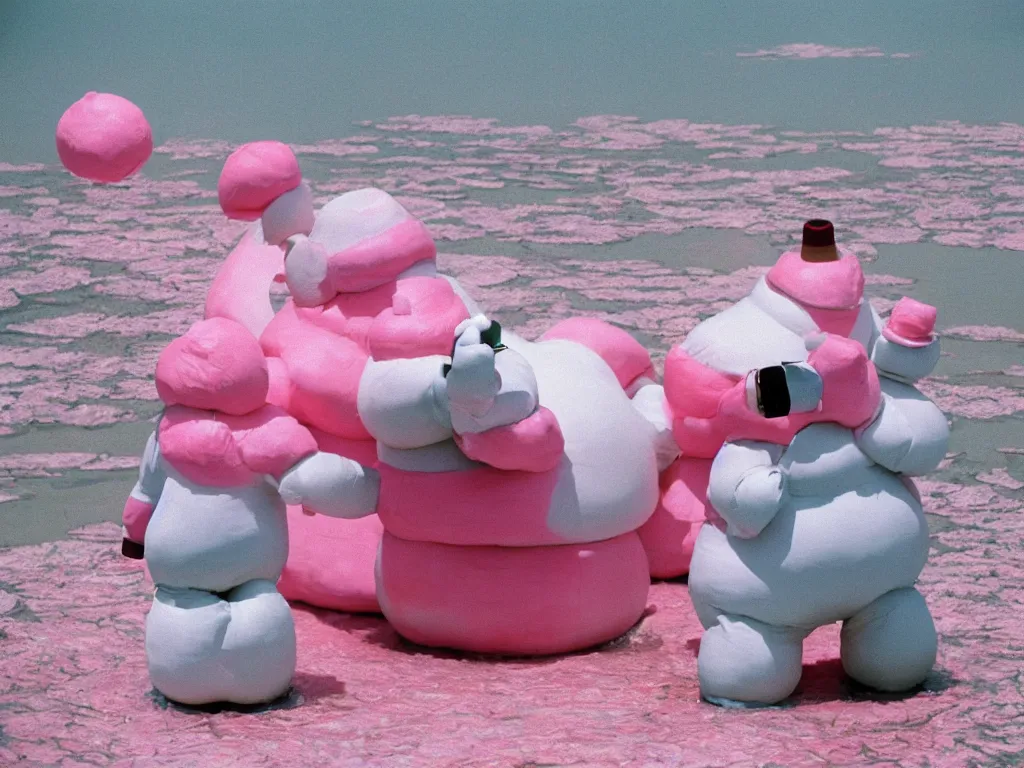 Prompt: 3 5 mm kodachrome colour photography of michelin man and stay - puft marshmallow man dancing in a pink lake, taken by harry gruyaert