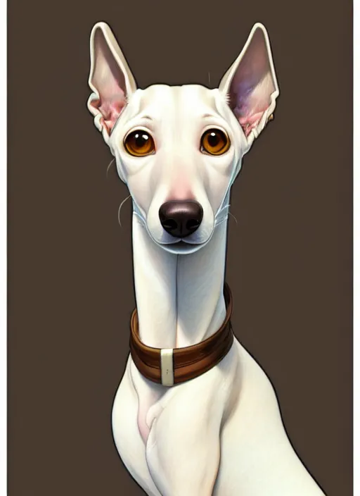 Prompt: cute white brown greyhound happy, natural lighting, path traced, highly detailed, high quality, digital painting, by don bluth and ross tran and studio ghibli and alphonse mucha, artgerm