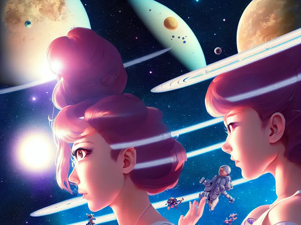 Prompt: lovely space girl flying to the saturn with her animal compaions, occlusion shadow, specular reflection, rim light, unreal engine, artgerm, artstation, art by hiroaki samura and ilya kuvshinov and ossdraws, high quality, intricate detailed 8 k, fantasy illustration, extremely beautiful and aesthetic shape of face and body, movie poster