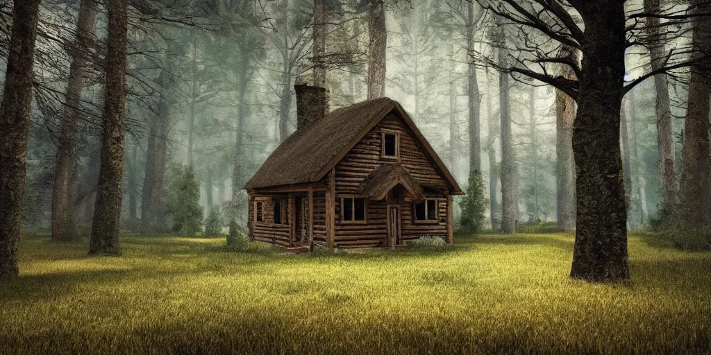 Prompt: lone cottage in the woods and empty woods, 8k, fantasy, hyper realistic, atmospheric, cinematic